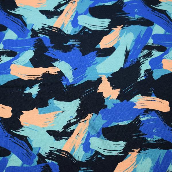 Baumwoll Jersey Sunshine in my heart breite Striche auf Lachs, Petrol, Dunkelblau, Blau. Mint